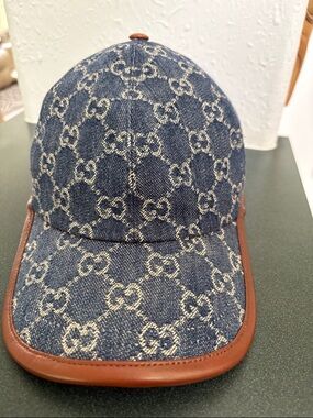 Gucci Denim Monogram Baseball Cap - Blue with Brown Trim